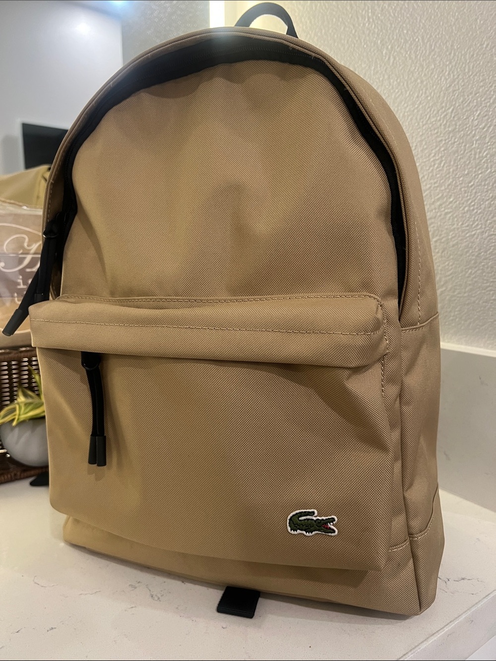 Lacoste Khaki/Tan Canvas Backpack with Crocodile Patch